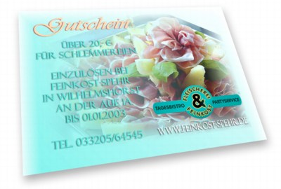 Das ist die Idee! Ein Gutschein für herzhafte Leckereien! Feinkost - Spehr - Fleischerei, Feinkost, Tagesbistro, First Class Catering fuer den Raum Berlin und Potsdam. 37 K